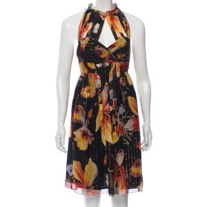 Anthropologie Silk Floral Dress with Metallic Thread Details